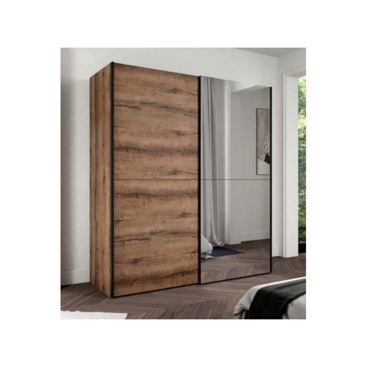 Dressing Armoire 2 portes coulissantes 5 tablettes et 1 miroir - 6 coloris - THAIS