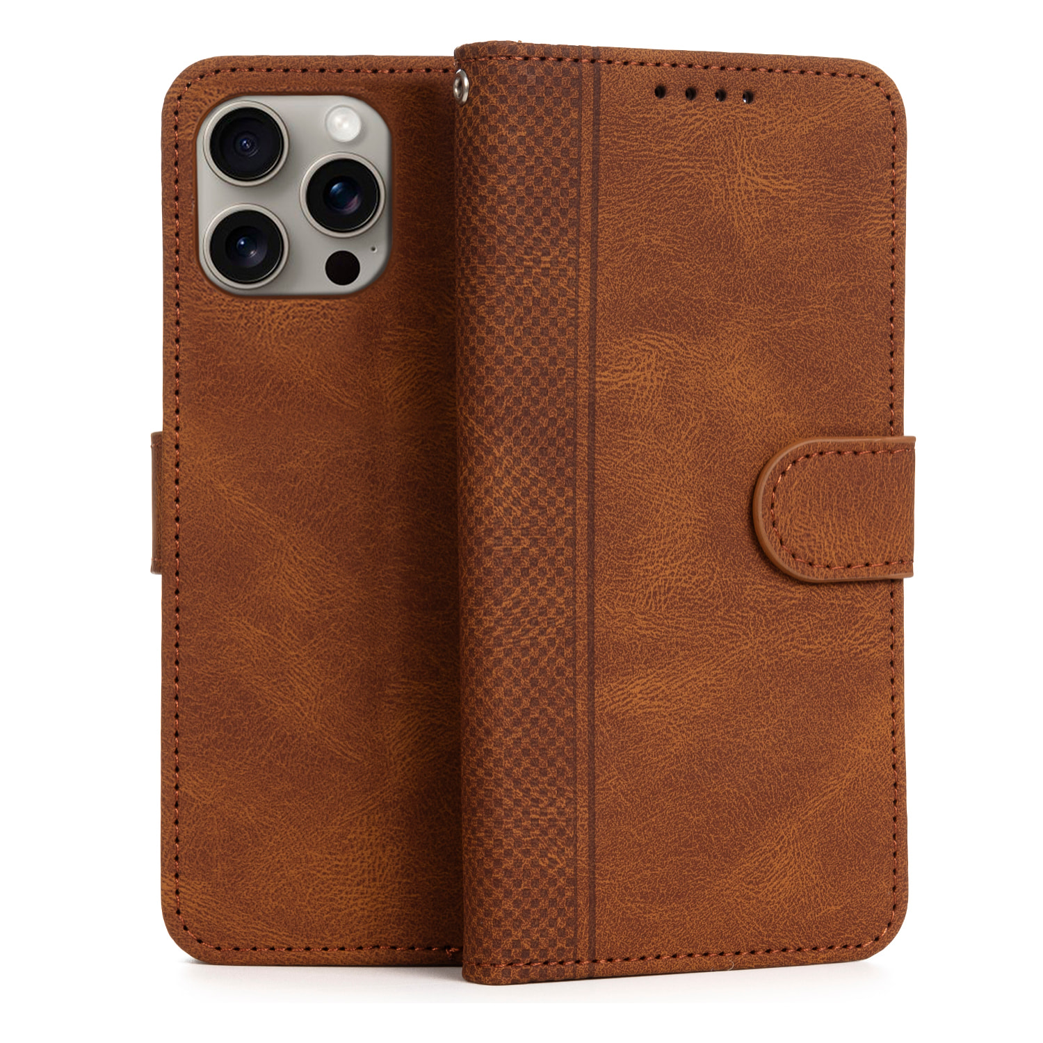 Custodia in pelle antiurto a libro per iPhone 14 Pro Max. Portacarte interno, cinturino da polso removibile.