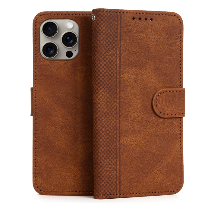 Custodia in pelle antiurto a libro per iPhone 14 Pro Max. Portacarte interno, cinturino da polso removibile.