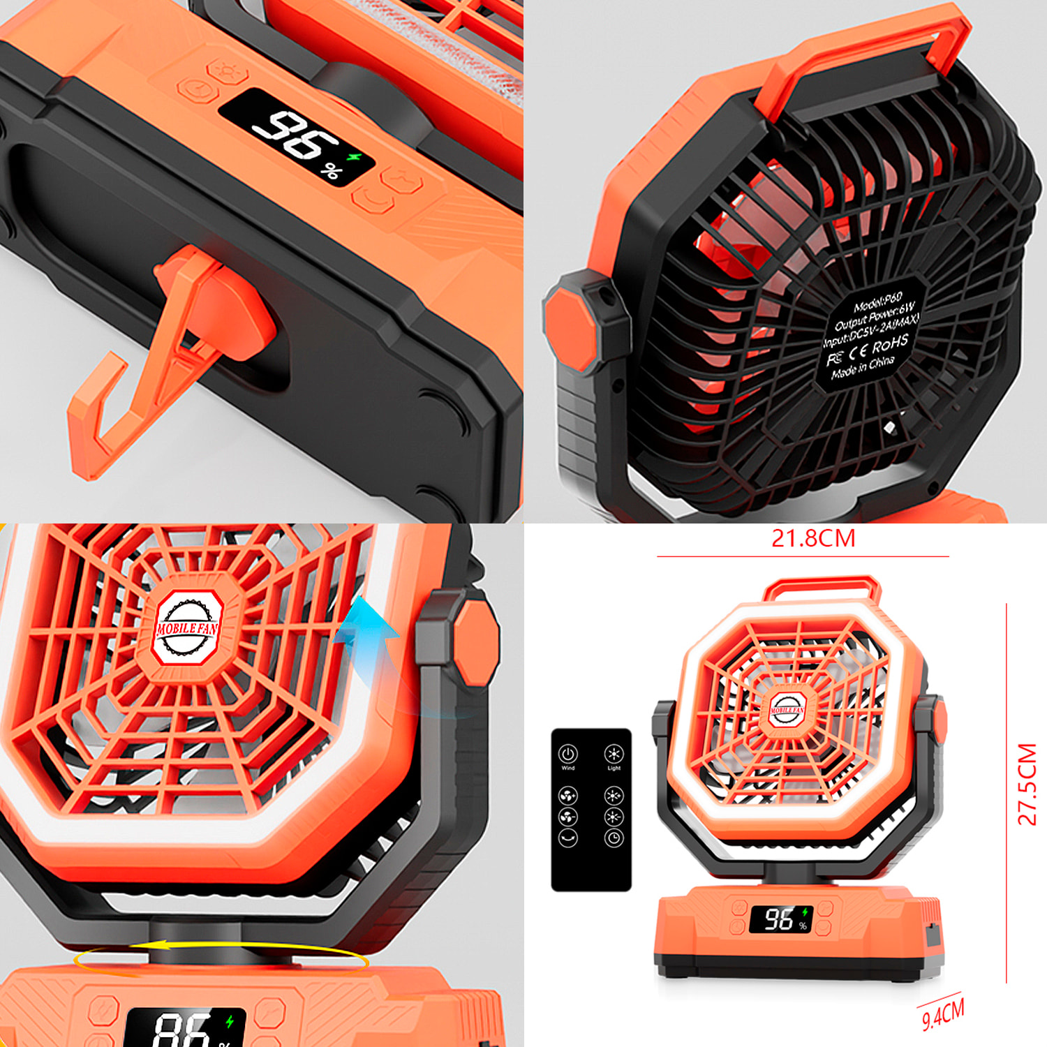 Ventilatore P60 con motore senza spazzole, LED con 32 luci, 5 velocità e 3 livelli di luce. Oscillazione di 120º e angolo regolabile di 90º. Con gancio per appendere e powerbank da 20000 mAh.