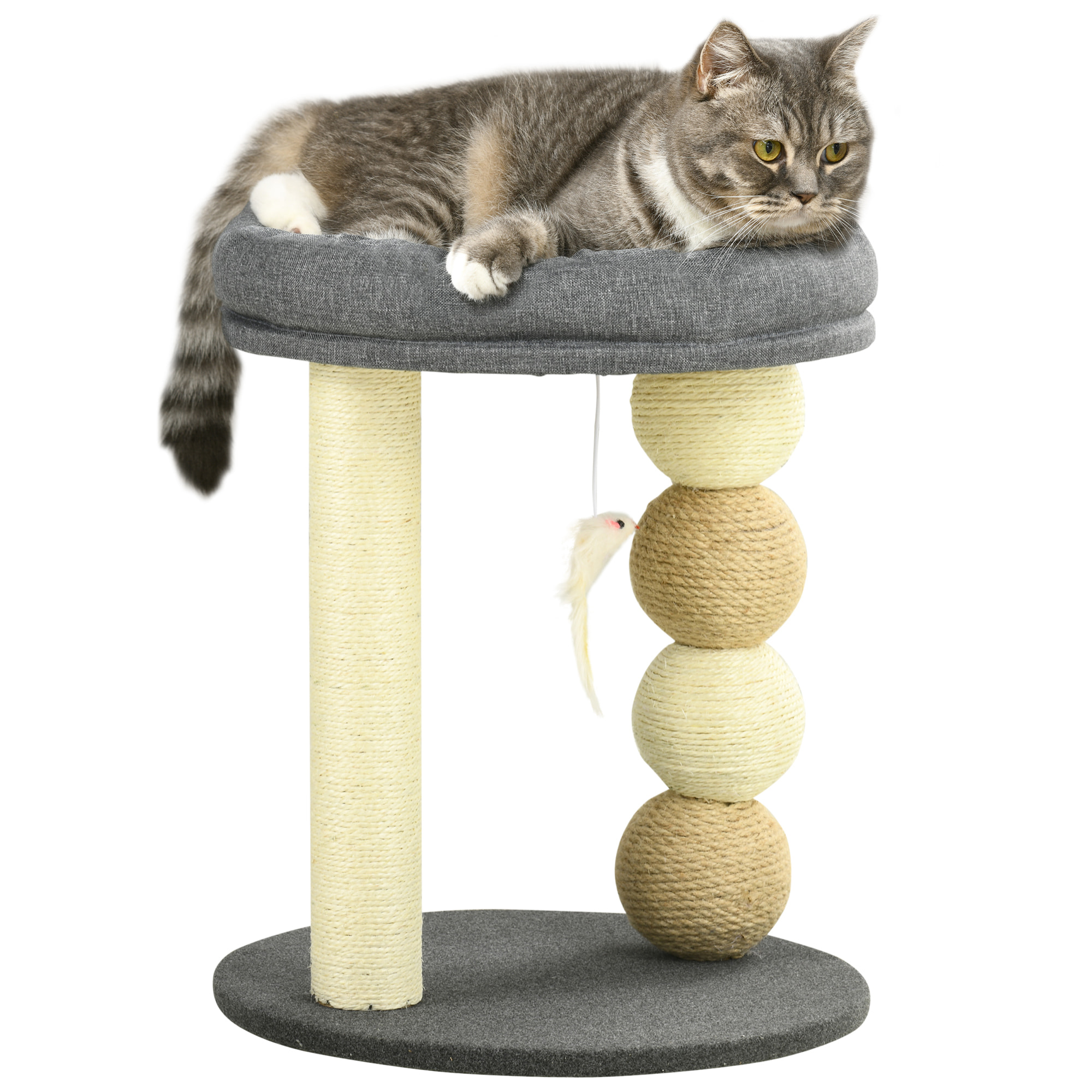 Árbol Rascador para Gatos Pequeño Torre para Gatos Centro de Actividades para Gatitos con Nido 4 Bolas y Poste de Sisal Carga 15 kg Ø40x48 cm Gris y Beige