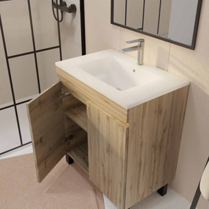 Meuble de salle de bains 70cm TIMBER Décor Chêne Naturel à Portes Vasque Blanche et Miroir 70x50