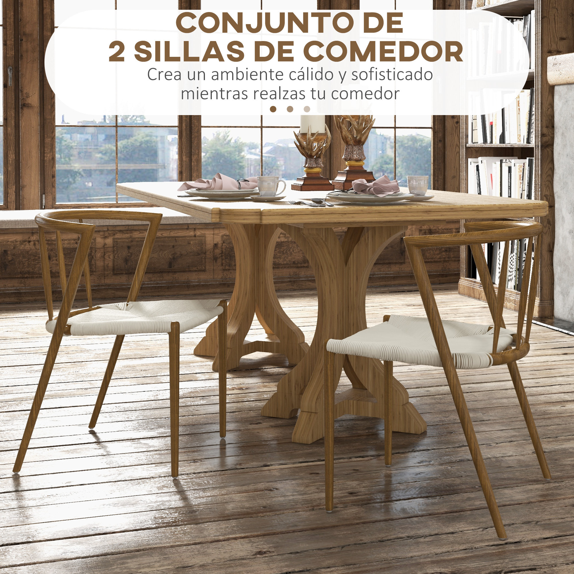 Pack de 2 Sillas de Comedor con Asiento de Cuerda de Papel Sillas de Cocina Apilables Estilo Moderno Carga 120 kg 51x51x71 cm Roble y Crema