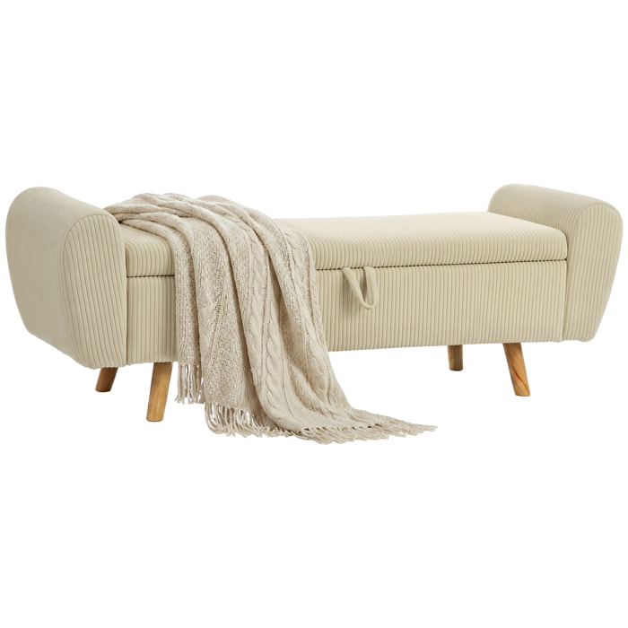 Banco Almacenaje 150 cm, Puff Almacenaje Tapizado en Pana, Banco Pie de Cama con Brazos Redondeados y Patas de Madera, Otomana para Dormitorio, Salón, Recibidor, Beige