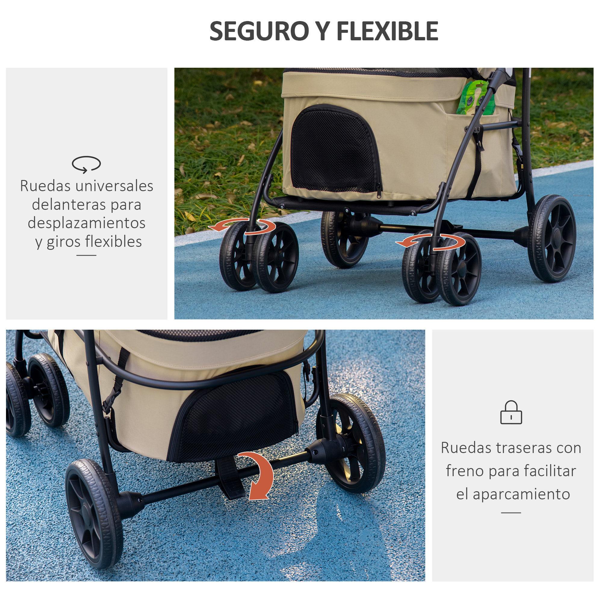 Carrito para Perros 2 en 1 Cochecito para Perros Pequeños Plegable con 2 Correas de Seguridad 2 Bolsillos Laterales Cojín Lavable y Ruedas Universales Carga 15 kg Caqui