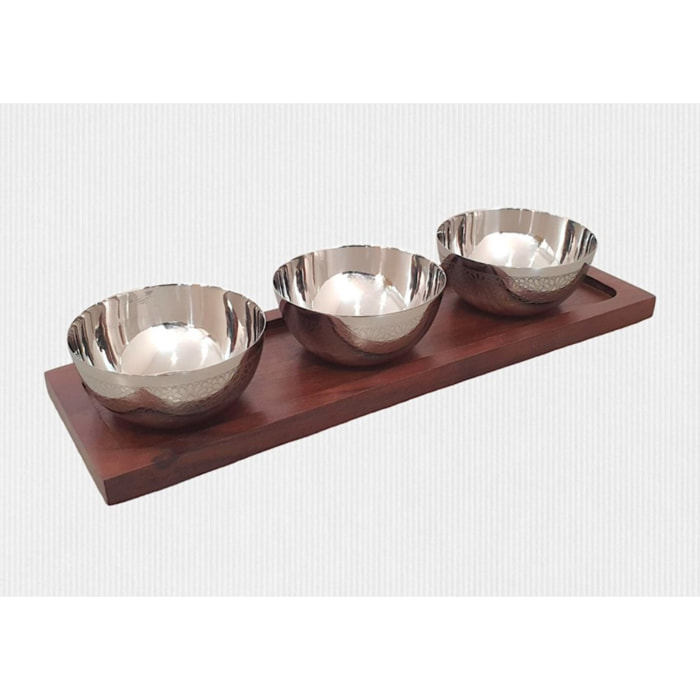 Set apéritif 3 coupelles argent sur plateau en bois 35x11cm