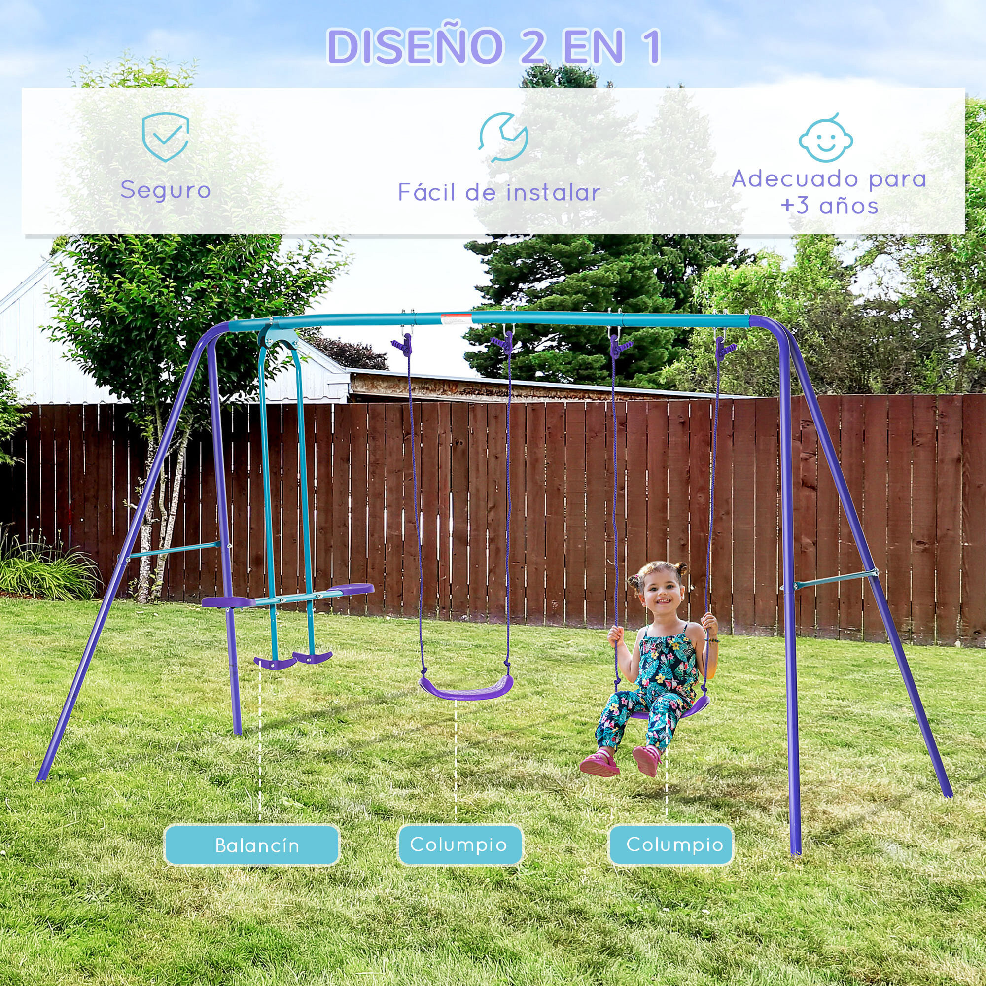 Juego de Columpios de Jardín de Metal con Altura Ajustable Columpios para Niños de +3 Años con Columpio Doble Balancín para Patio Terraza 280x140x176 cm Azul y Morado