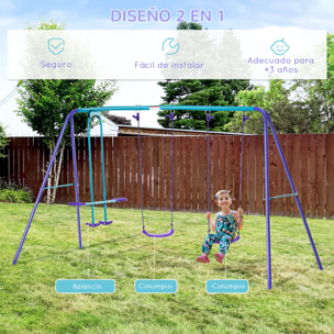 Juego de Columpios de Jardín de Metal con Altura Ajustable Columpios para Niños de +3 Años con Columpio Doble Balancín para Patio Terraza 280x140x176 cm Azul y Morado