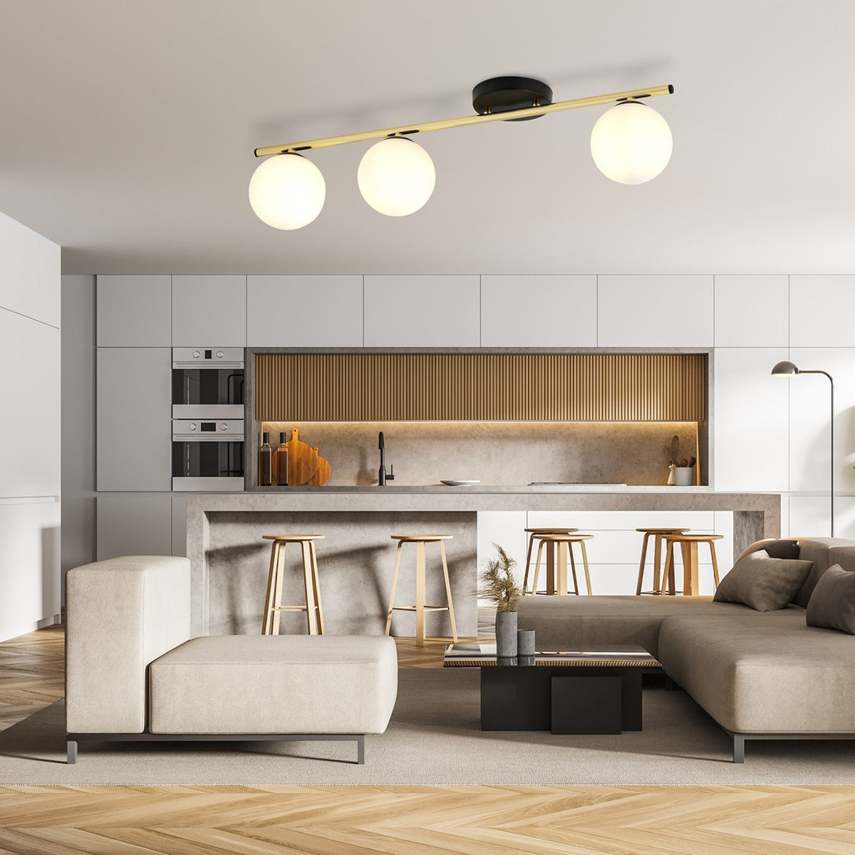 Lampada da soffitto Monza in acciaio nero e oro con sfere in vetro opalino