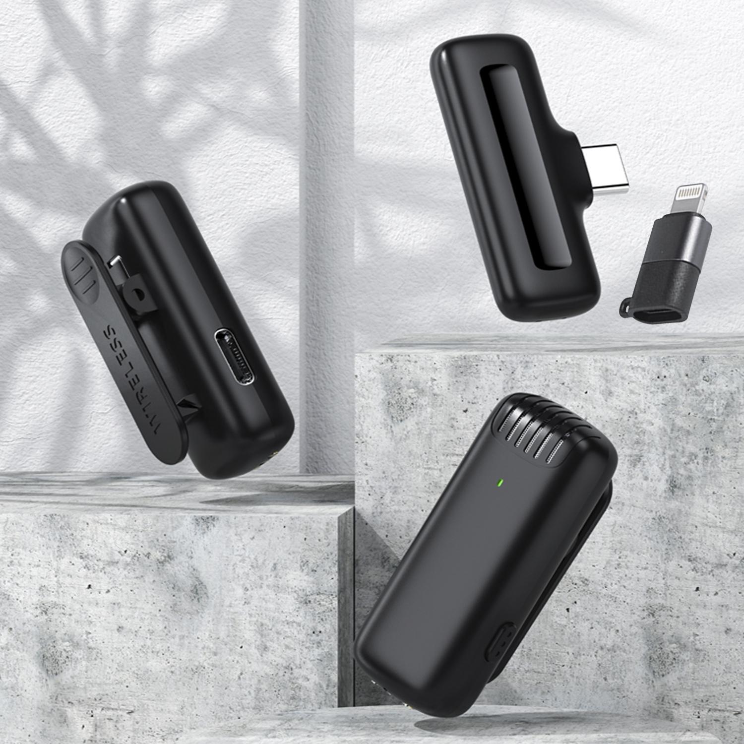 Microfono wireless portatile con clip J11. Include microfono e ricevitore. Per smartphone, fotocamere e laptop. Connessione USB-C + Lightning.