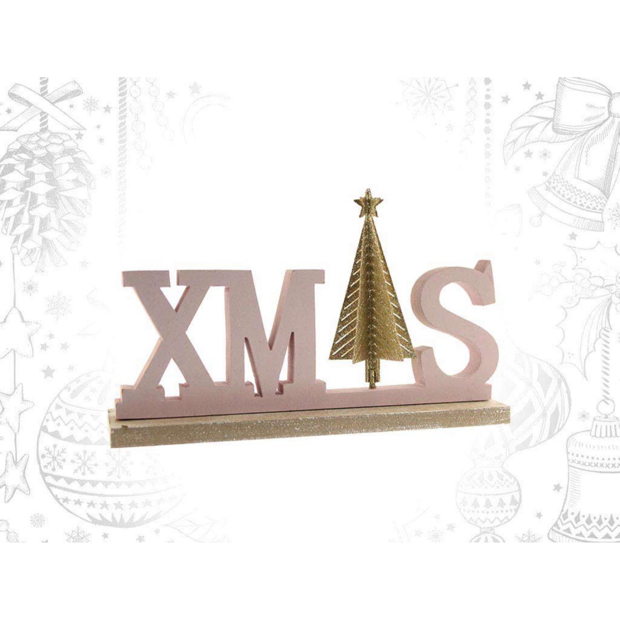 Letrero decorativo 'xmas' en madera rosa