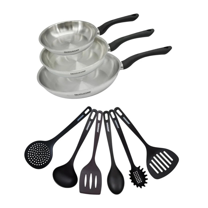 Set 3 poêles 20 24 et 28 cm en inox et 6 ustensiles Fackelmann Geneva