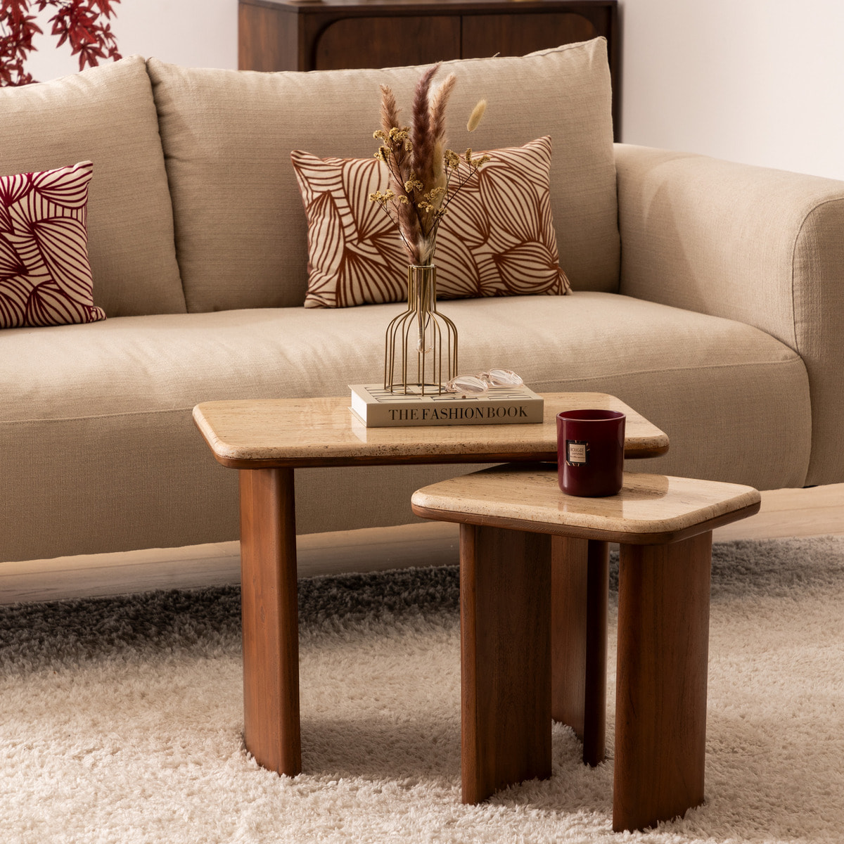 Lot de 2 tables basses Jivan Travertin bois L60 38cm
