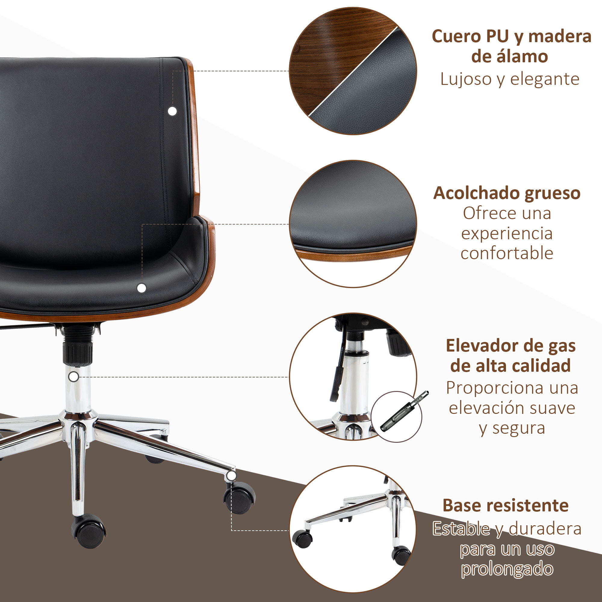 Silla de Escritorio Giratoria Silla de Oficina de PU con Altura Ajustable Función de Inclinación y Ruedas para Salón Dormitorio Estudio Carga 120 kg 51x65,5x82-92 cm Negro