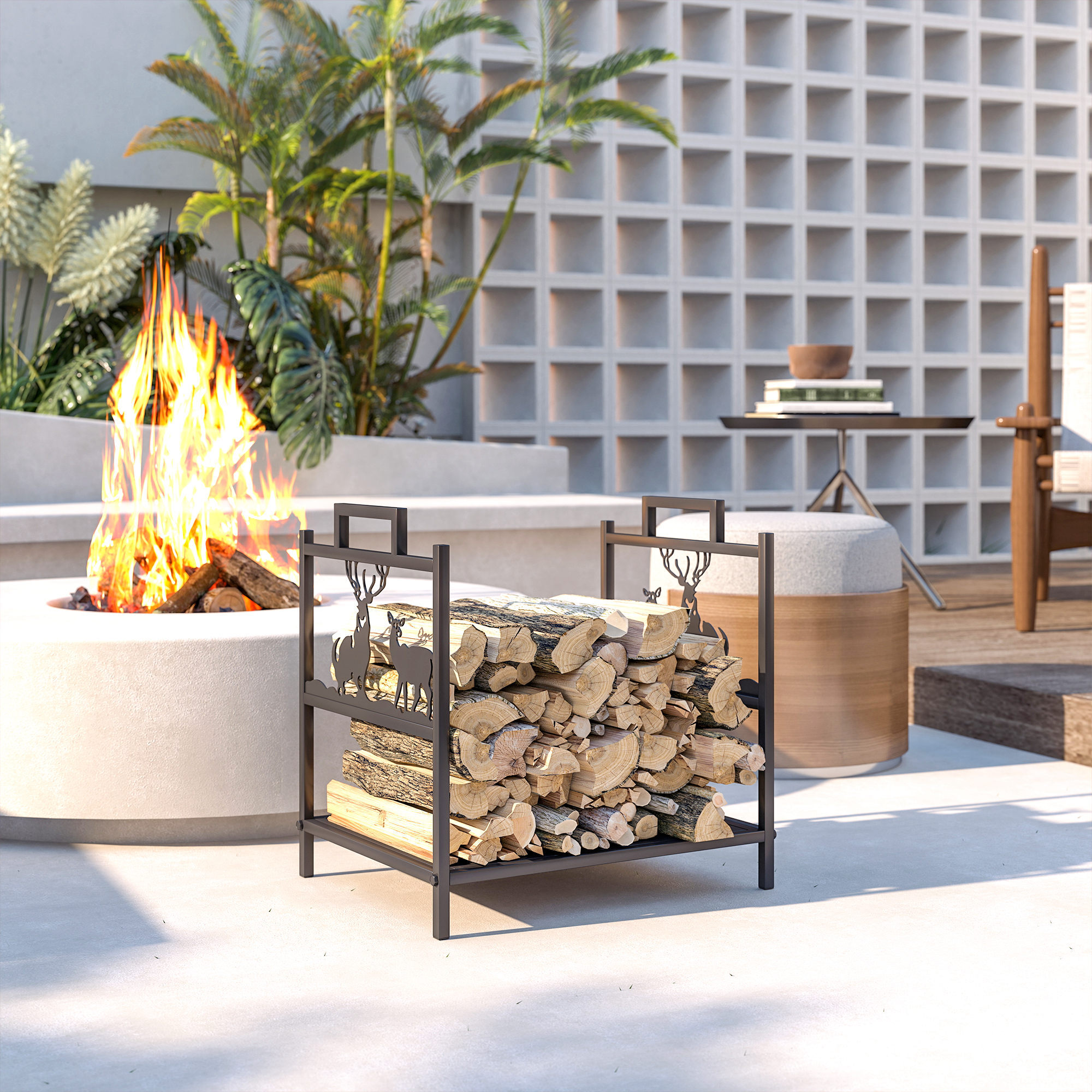 Outsunny Estante de Leña Metálico, 42,5x33,5x43 cm, Leñero Exterior Decorativo Resistente con Asas, Soporte de Madera para Chimenea, para Jardín, Terraza