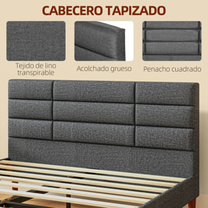 Cama 140x200 cm Estructura de Cama Somier con Cabecera Tapizada de Lino y Espacio de Almacenamiento Debajo de la Cama Carga 250 kg Gris