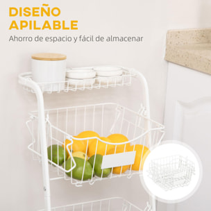 HOMCOM Cesta de Frutas y Verduras de 3 Niveles Organizador de Cestas Apilables de Acero con 3 Cestas Extraíbles para Cocina Salón Dormitorio 42,5x36,5x91 cm Blanco