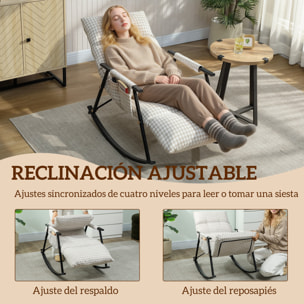 Silla Mecedora con Respaldo y Reposapiés Ajustables, Mecedora Sillón Balancín 105°, Tapizada en Lino, con Bolsillo Lateral y Marco de Metal, Carga 120 kg, para Dormitorio, Salón, Gris y Blanco