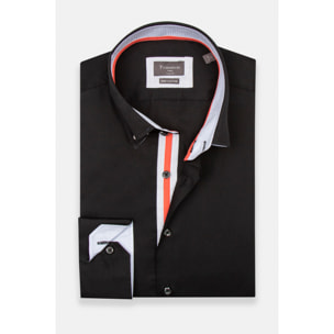 Camicia Uomo 2 Bottoni Button Down Slim Satin Unito Nero