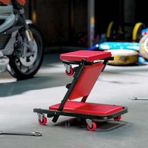 Chariot de visite mécanicien pliable tabouret d'atelier mobile 2 en 1 acier noir synthétique rouge