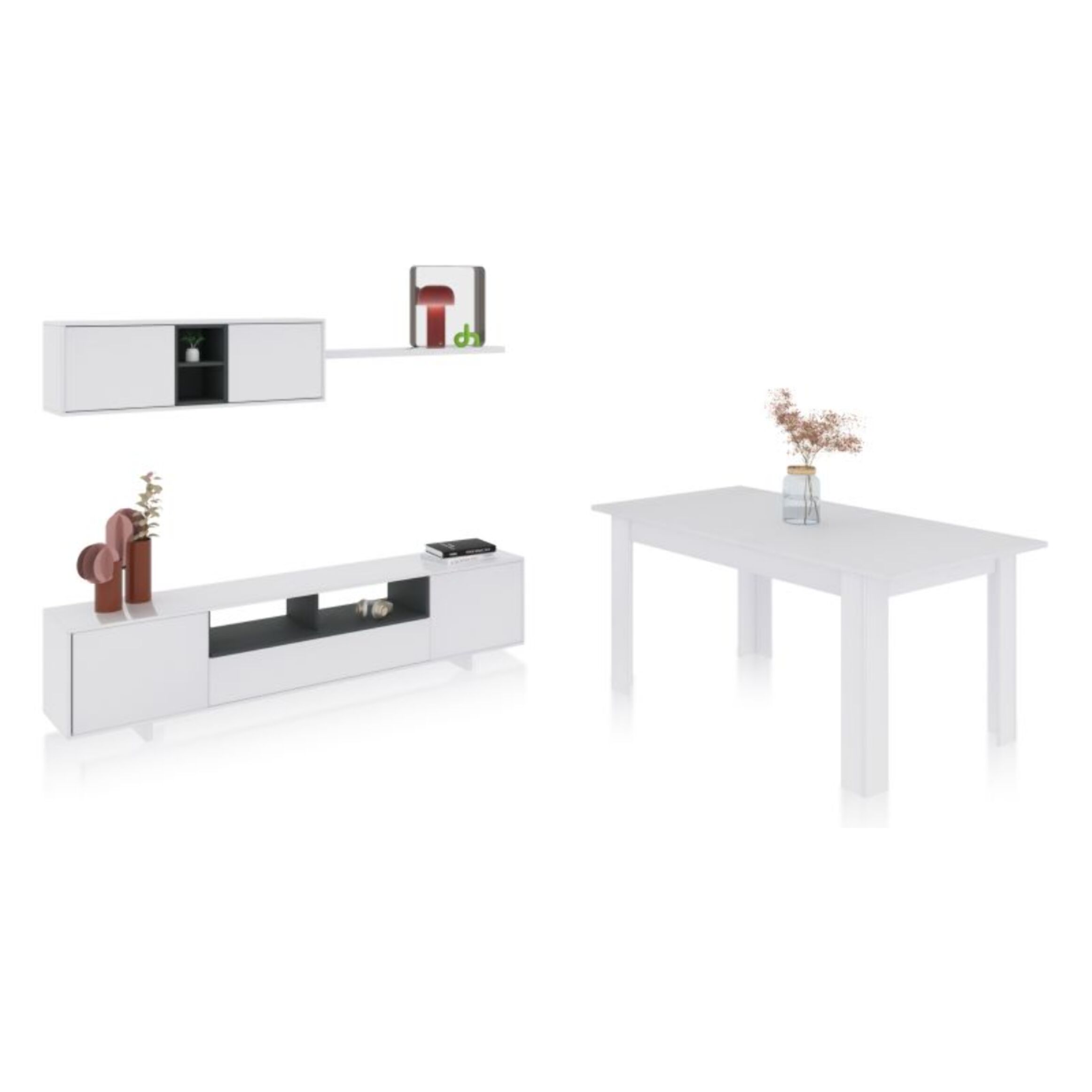 Pack salón con mesa de comedor Kenzo Plus VA Blanco Brillo - Gris Antracita
