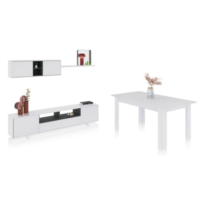 Pack salón con mesa de comedor Kenzo Plus VA Blanco Brillo - Gris Antracita