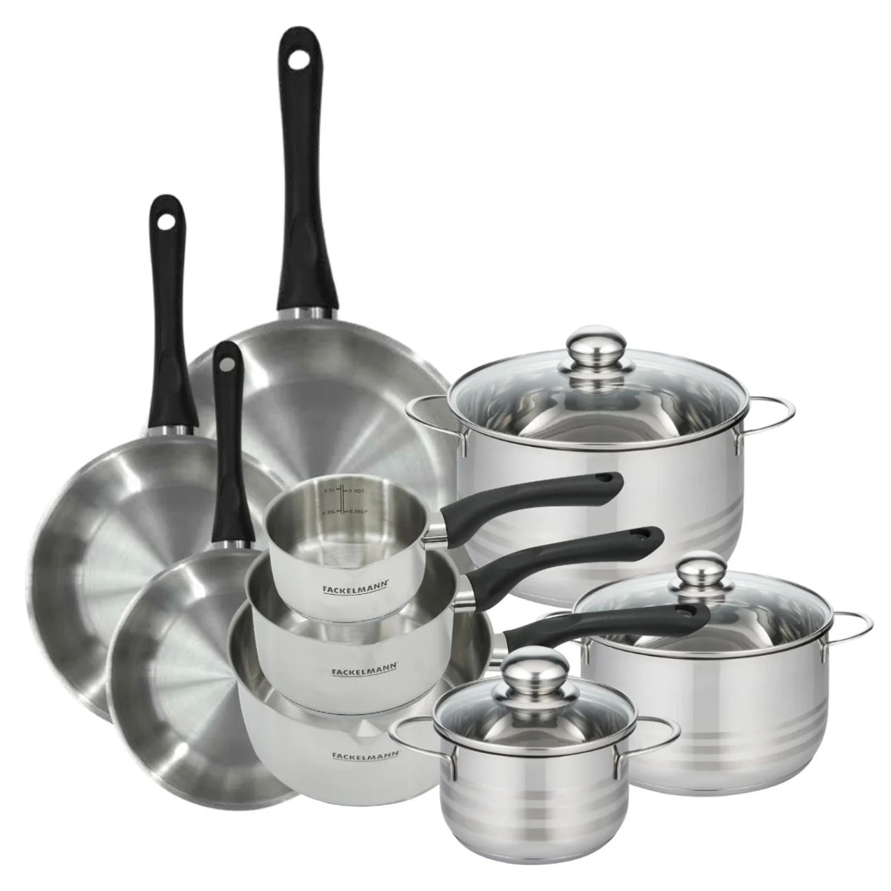 Batterie de cuisine avec 3 poêles 20/24/28 cm 3 casseroles 12/16/20 cm et 3 faitouts 16/20/24 cm en inox sans PFAS Fackelmann Généva Brillant
