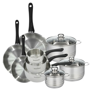 Batterie de cuisine avec 3 poêles 20/24/28 cm 3 casseroles 12/16/20 cm et 3 faitouts 16/20/24 cm en inox sans PFAS Fackelmann Généva Brillant