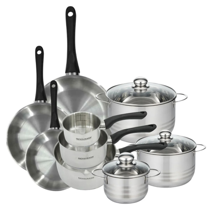 Batterie de cuisine avec 3 poêles 20/24/28 cm 3 casseroles 12/16/20 cm et 3 faitouts 16/20/24 cm en inox sans PFAS Fackelmann Généva Brillant