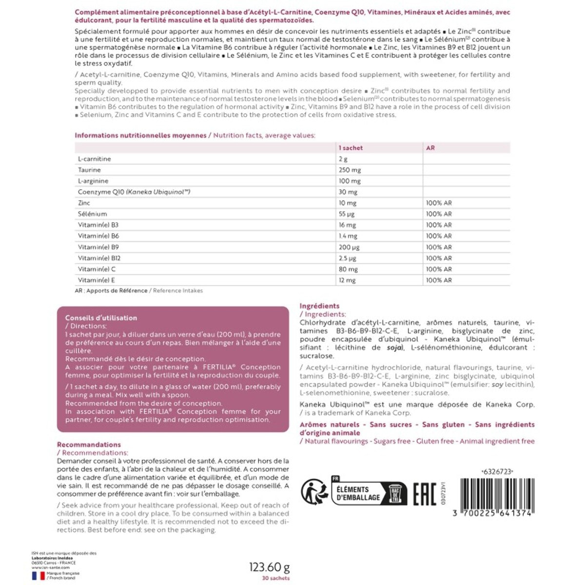 ISN - Fertilia Conception Homme - Complément alimentaire à base de Carnitine, Coenzyme Q10 & vitamines - Favorise une fertilité & reproduction normales chez l'homme - Cure 30 jours