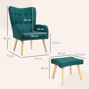 Sillón con Reposapiés Sillón Lectura con Respaldo Alto Capitoné Patas de Madera y Tapizado en Lino Butaca para Salón Dormitorio Oficina Verde Oscuro