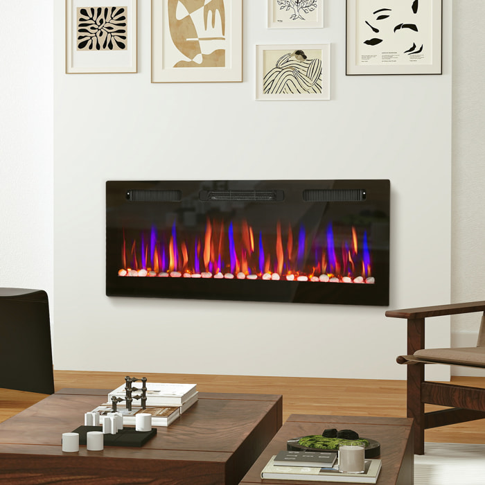 Chimenea Eléctrica Ultrafina de Pared y Empotrable con Llama 3D, Chimenea Decorativa, Brillo/Velocidad Ajustable, 12 Colores, Guijarros, 900/1800W, Temporizador, Termostato, Control Remoto