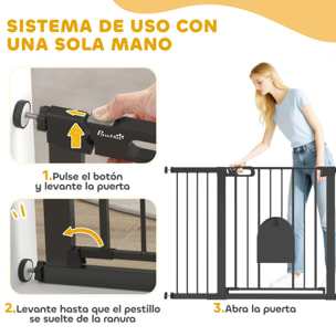 Barrera de Seguridad para Perros Extensible 75-131 cm, para Puertas y Escaleras, Barrera para Perros con Puerta Pequeña, 3 Extensiones, Montaje a Presión y Doble Bloqueo, Negro