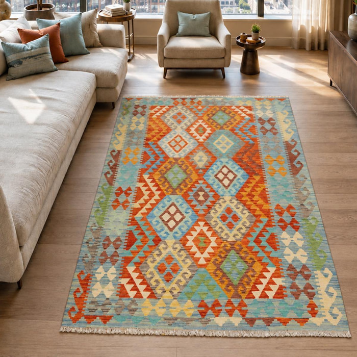 Tapis kilim ethnique authentique, tissé plat en laine naturelle