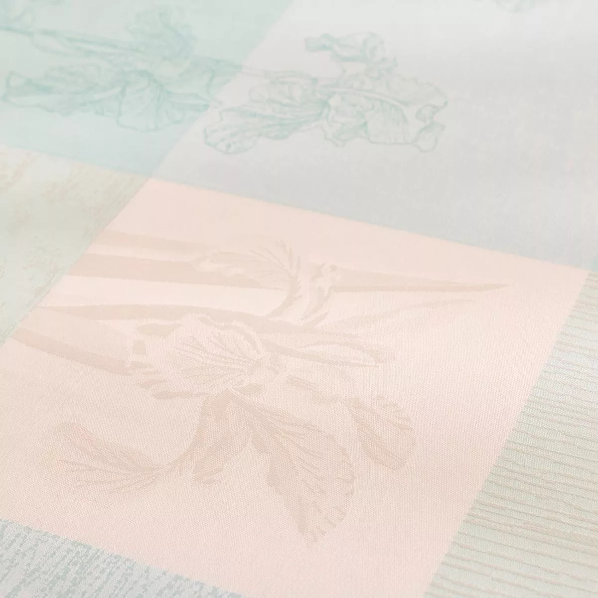 Nappe pur coton 220 g/m² motif jacquard bleu beige Mille iris d'eau aqua
