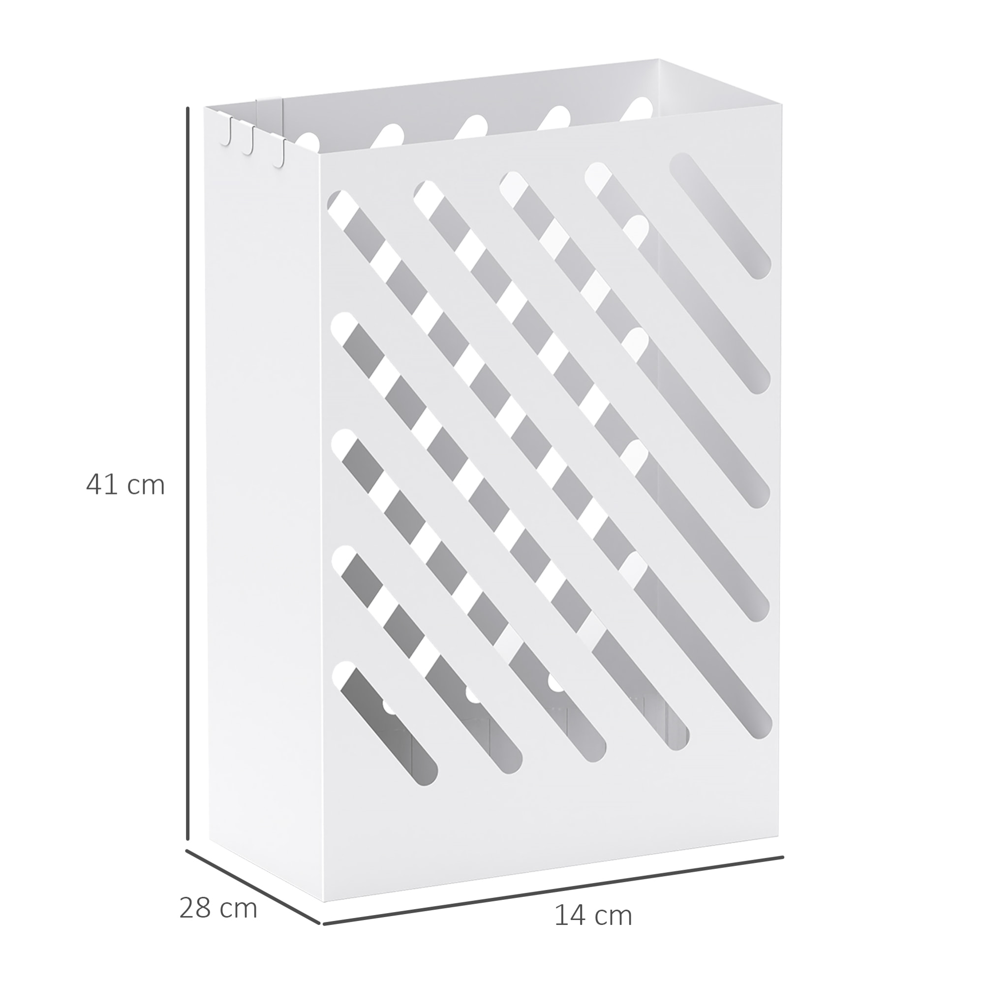 Paragüero de Acero Galvanizado, Soporte de Paraguas Estrecho con Bandeja de Goteo Extraíble, 4 Ganchos, Diseño de Cortes, para Entrada, Pasillo, Oficina, 28x14x41 cm, Blanco