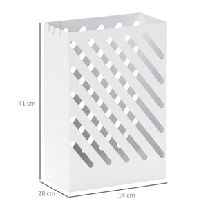 Paragüero de Acero Galvanizado, Soporte de Paraguas Estrecho con Bandeja de Goteo Extraíble, 4 Ganchos, Diseño de Cortes, para Entrada, Pasillo, Oficina, 28x14x41 cm, Blanco