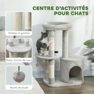 Arbre à chat design gris clair arrondi H.90cm niche 2 plateformes boule griffoirs