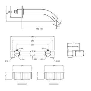 Pack mitigeur lavabo encastré 3 trous Grands Boulevards laiton brossé avec mécanisme complet
