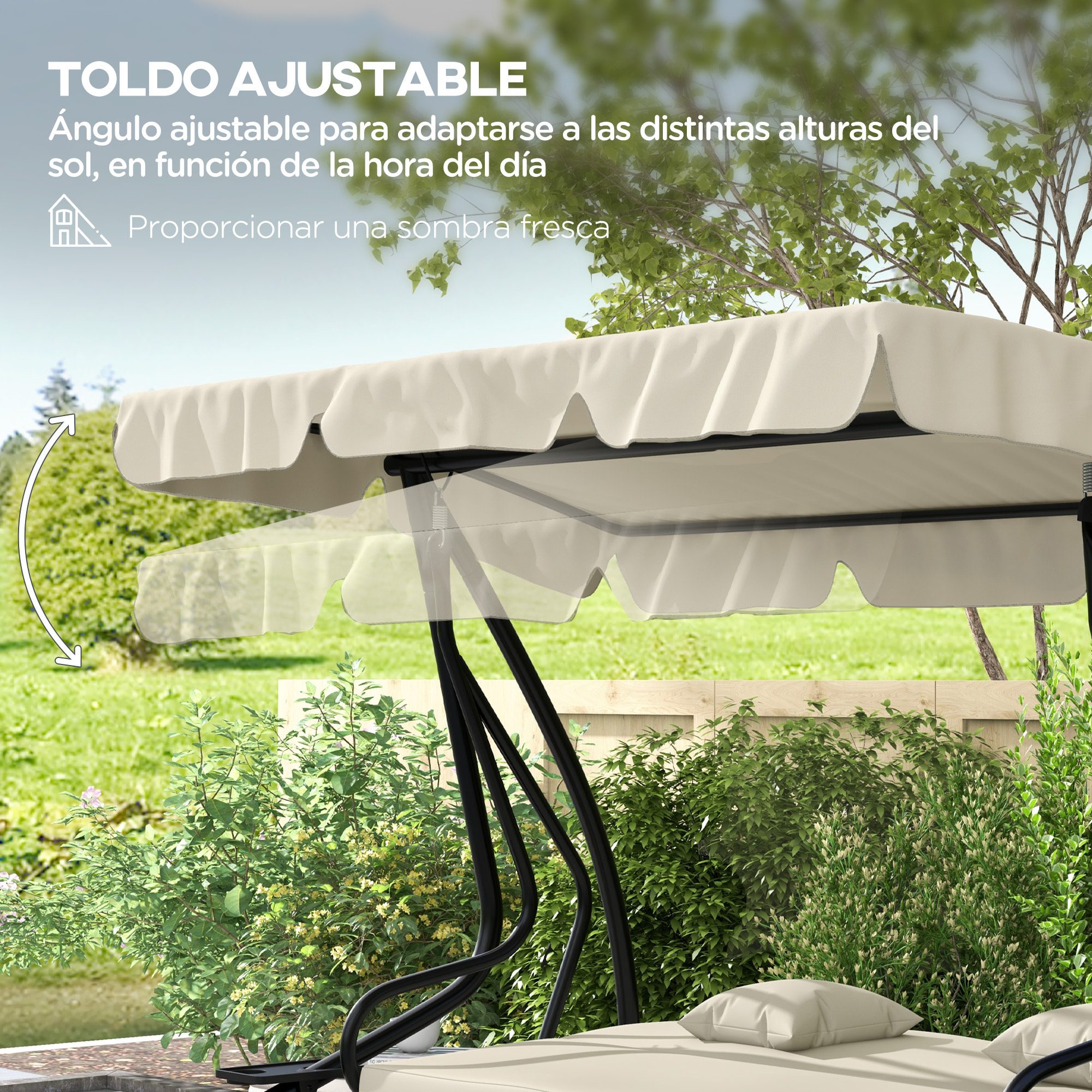 Balancín de Jardín Exterior de 3 Plazas Columpio de Jardín Exterior Convertible en Cama con Toldo Ajustable Soportes Laterales y 2 Almohadas Carga 340 kg 200x120x164 cm Crema