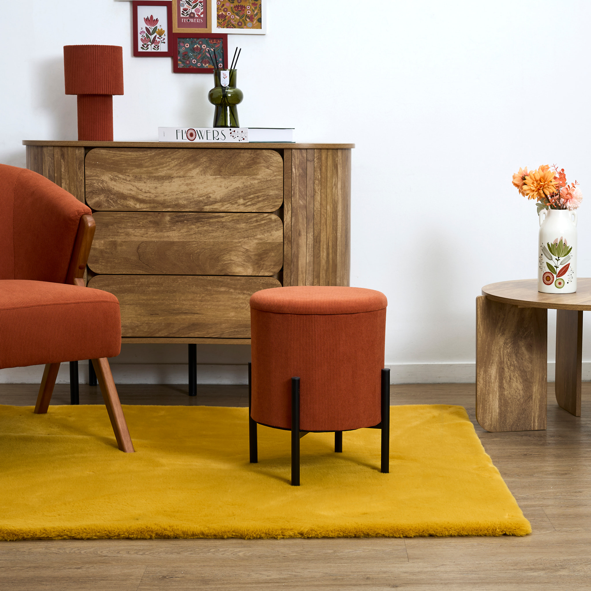 Lot de 4 Poufs - HOME DECO FACTORY - Jules - Rangement - Côtelé - Terracotta