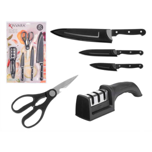 Set da cucina nero con 3 coltelli, un paio di forbici e un affilatore.