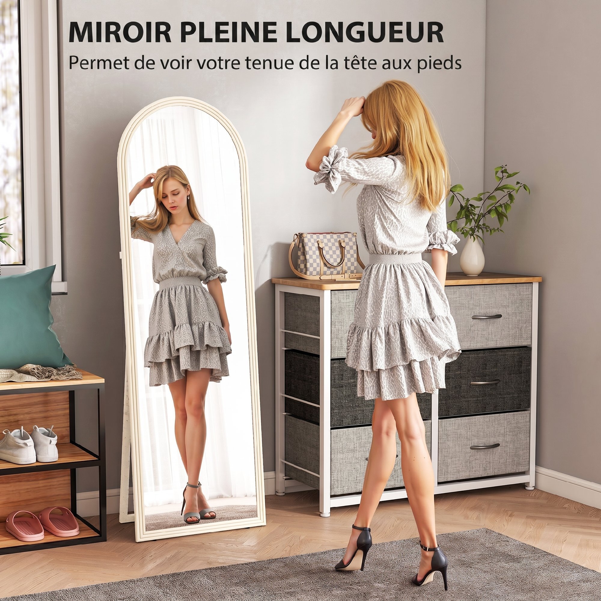 Miroir sur pied et mural pleine longueur 50 x 160 cm cadre pied effet pierre blanc
