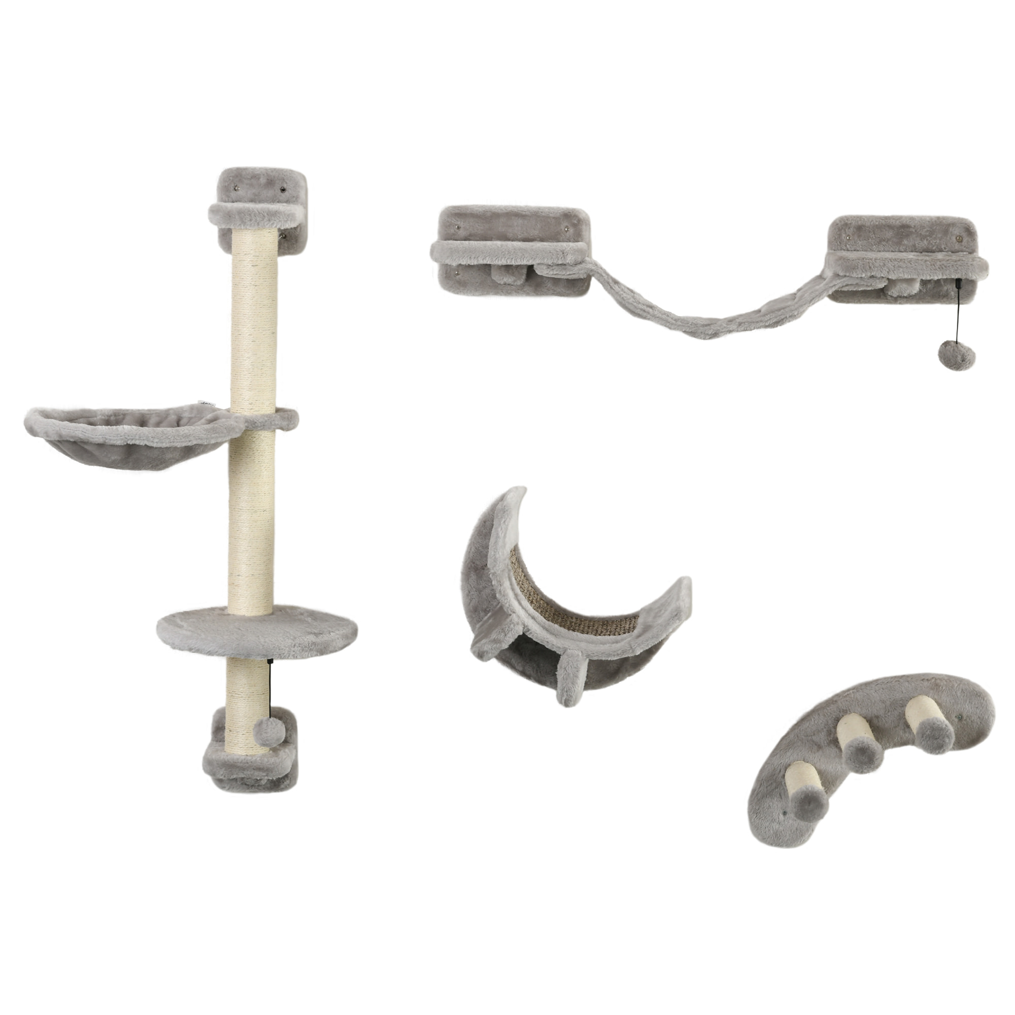 Mur d'escalade pour chat avec hamac passerelle planche à gratter et balles peluche sisal gris
