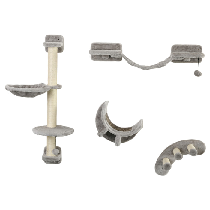 Mur d'escalade pour chat avec hamac passerelle planche à gratter et balles peluche sisal gris