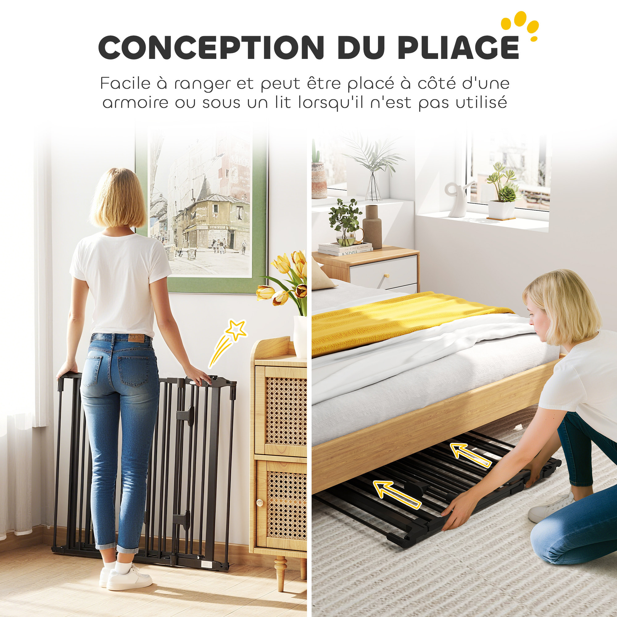 Barrière de sécurité chien pliable modulable 3 panneaux une porte dim. max. L.202,5 x H.76 cm - acier noir