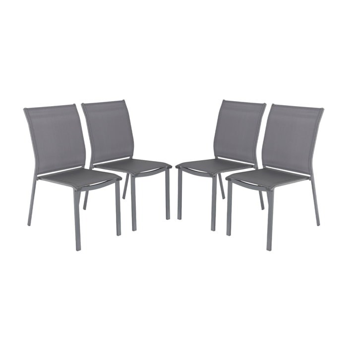 Lot de 4 chaises de jardin CLEVELAND empilables aluminium et textilene anthracite. 64.5 x 45.5 x 89.5 cm