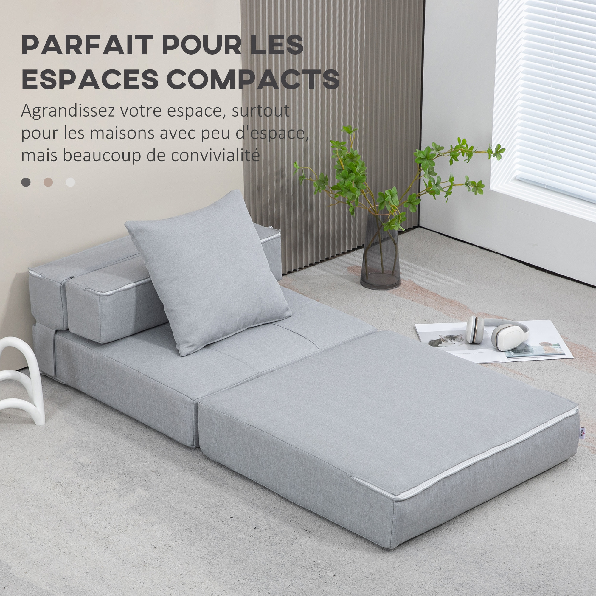 Chauffeuse canapé-lit convertible 1 place - coussin déhoussable inclus - tissu gris clair