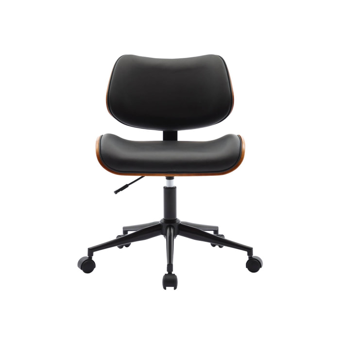 Chaise de bureau à roulettes décor bois courbé placage effet noyer et simili cuir noir