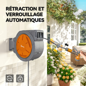 Dévidoir mural enrouleur automatique pivotant 180° tuyau 30+2m avec pistolet arrosage support mural intégré orange gris